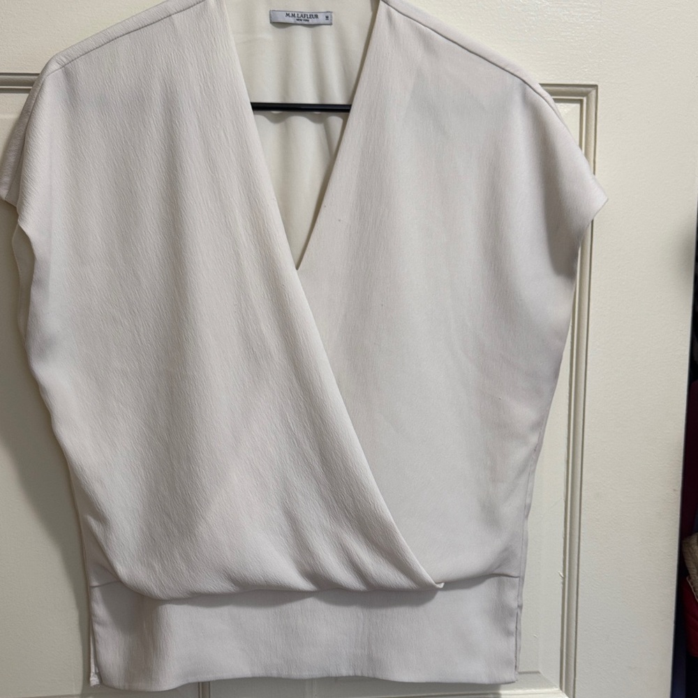 MM LAFleur Elegant White Wrap Top, size M, fully lined.